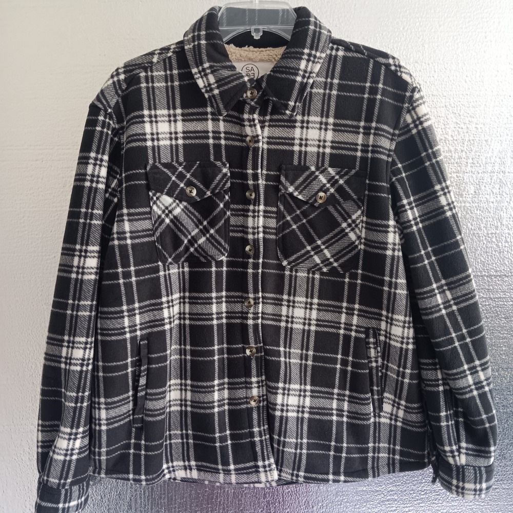 Sage Collective Shacket Women Size M Black Plaid Sherpa Lined Fleece